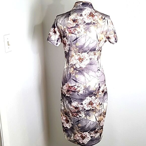 Oxiuly Fashion Gray Dress, White w/Pink Flowers, Zipper Neck to Side, Size Small - Picture 8 of 11